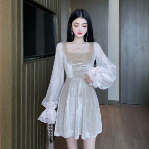 Lantern chiffon long sleeve waist closing sweet celebrity style Velvet Thin umbrella swing a dress