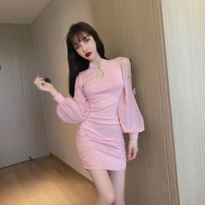 New Style Lantern off shoulder chiffon long sleeve sexy waist closing daily cheongsam style fashion dress