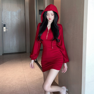 Autumn and winter new long sleeved hooded waist thin solid color sweater ins dress