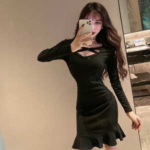 New commuter long sleeve lace patchwork waist Ruffle fishtail Hip Wrap sexy dress