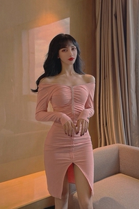 V-neck show thin waist hip tight fashion solid color sexy dress