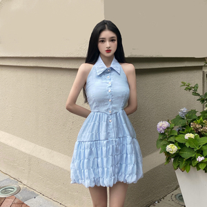 Summer new neck Polo solid ins fluffy backless slim waist dress a-word