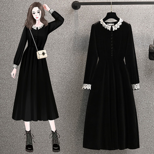 气质淑女穿搭春季大码女装法式赫本风复古氛围感黑色丝绒连衣裙潮