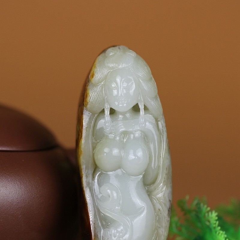 和田玉手把件 美女115.724g