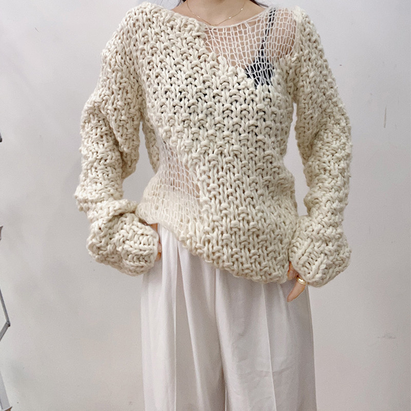 镂空网眼拼接粗针编织针织衫女2021秋新款宽松慵懒风加厚毛衣外套