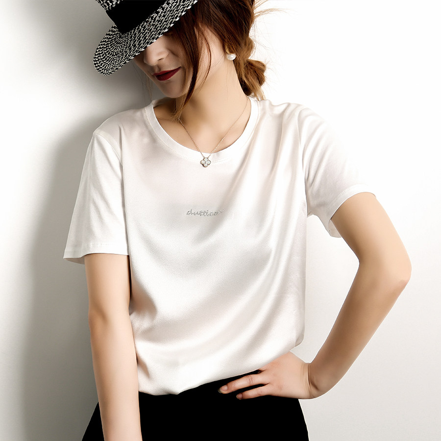 夏真丝t恤女圆领短袖体恤白色 韩版棉拼接镶钻宽松桑蚕丝上衣外穿