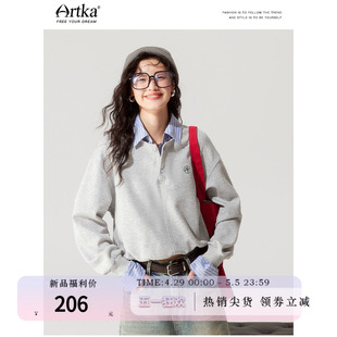 Artka2024早春衬衫领拼接假两件POLO韩系抽绳卫衣女帅气上衣女