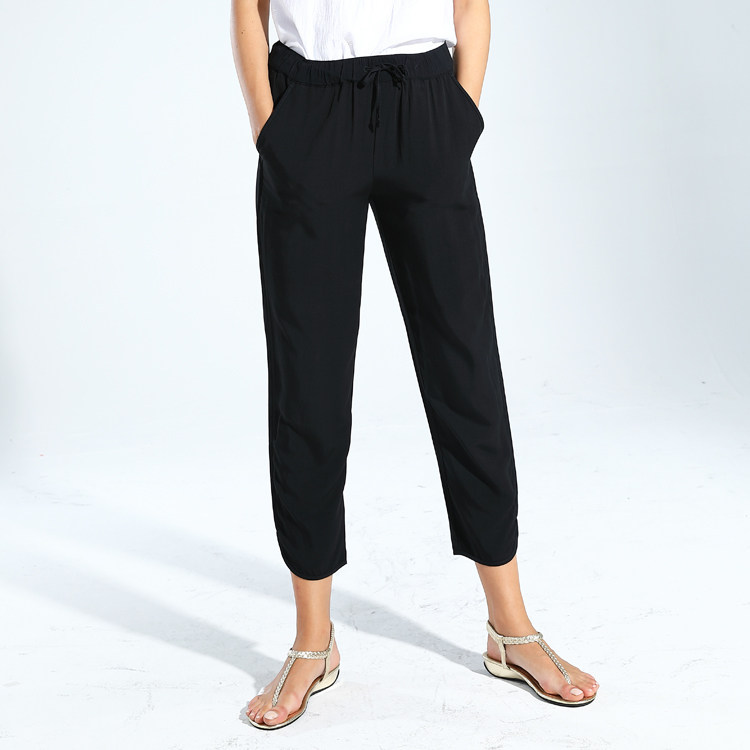 黑色裤子女顺滑天丝棉九分裤腰带小脚裤宽松休闲裤2020春新款美系