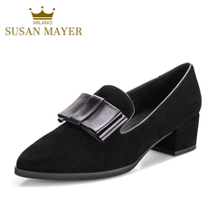 Susan Mayer春季新款女鞋 粗跟单鞋真皮 蝴蝶结学院风尖头OL职业