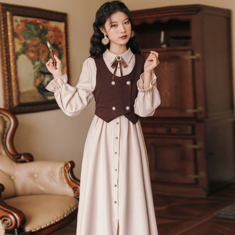 教资面试衣服女冬服装复古民国风女装小洋装套装马甲连衣裙两件套