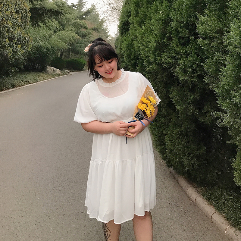 milu家大码夏初恋气质雪纺蕾丝白色宽松仙女连衣裙显瘦小白裙胖mm