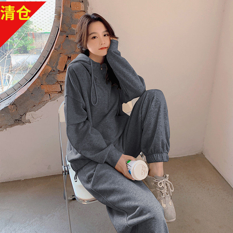 清仓韩版春秋装慵懒风休闲连帽宽松长袖套头卫衣搭配运动裤套装