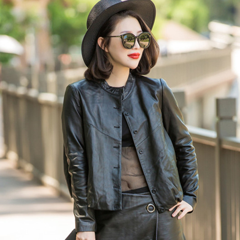 韩版时尚新款高腰短款皮衣女 真皮绵羊皮宽松蝙蝠纯皮棒球服外套