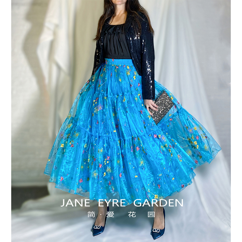 简爱花园◆蓝色田园植物花卉刺绣欧根纱蓬蓬裙中长款半身裙JA86