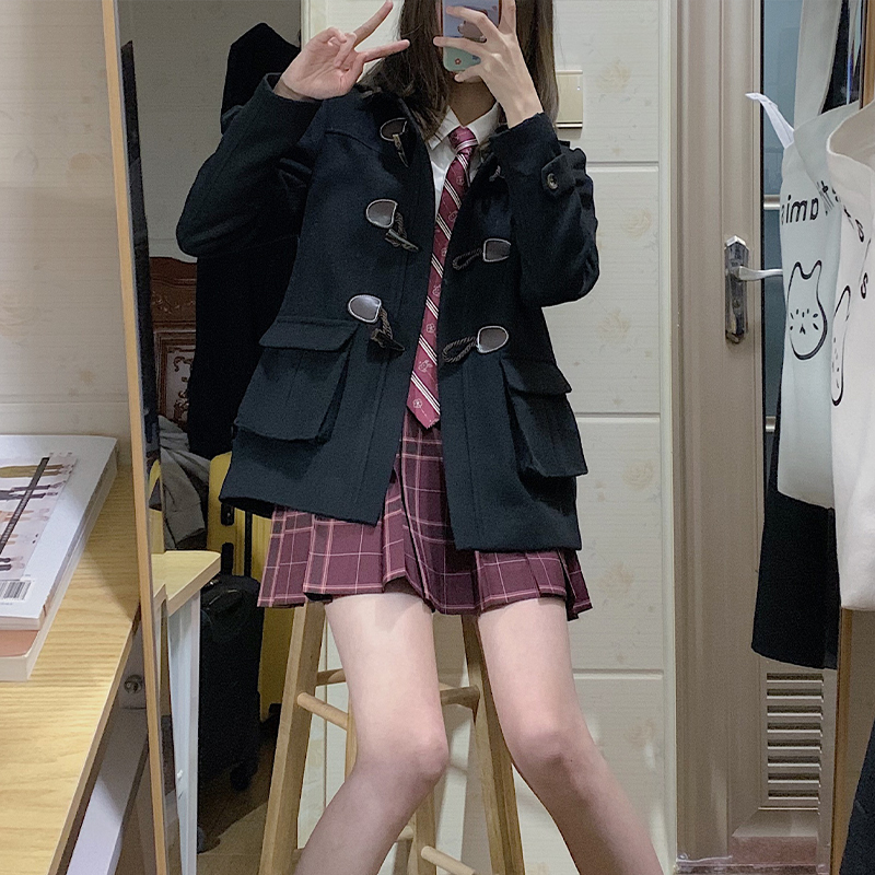 【啦啦酱jk】原创牛角扣大衣 基础款jk制服外套 薄呢子连帽大衣春
