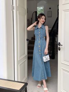 韩国ulzzang夏季新款法式气质时尚翻领单排扣镂空无袖牛仔连衣裙