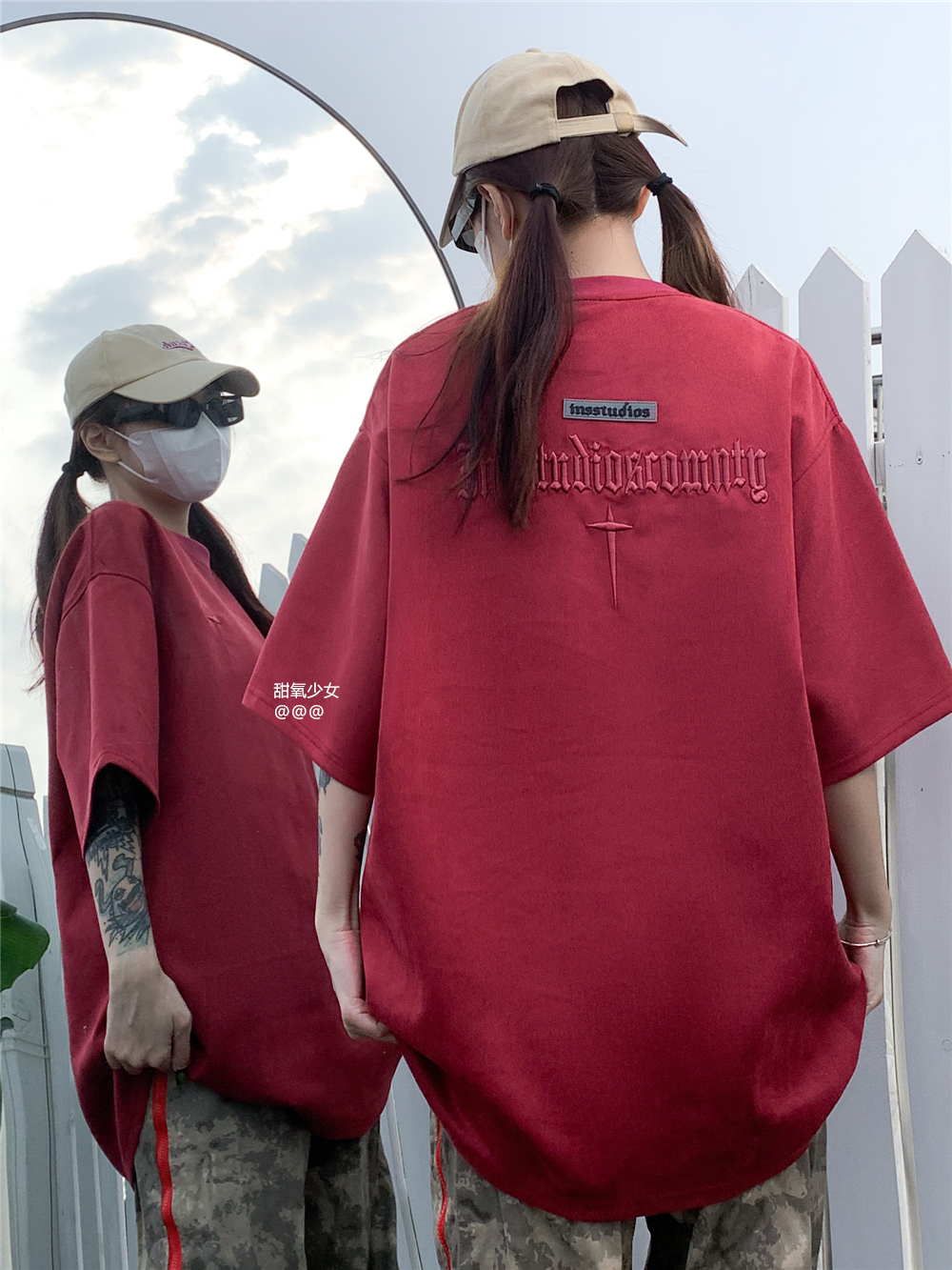 甜氧少女 国潮美式街头小众设计复古哥特字母刺绣麂皮短袖宽松T恤
