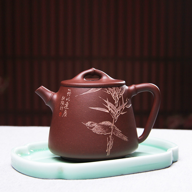 宜兴紫砂壶名家周腾亮陶刻雕刻竹纯手工中槽清竹节高石瓢紫砂茶壶_7折