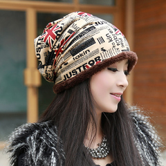 头巾帽子女士秋冬天韩版加绒包头护耳保暖时尚百搭米字旗套头帽