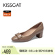 KISSCAT接吻猫2024春季新款复古圆头粗跟真皮鞋舒适通勤单鞋女