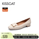 KISSCAT接吻猫2024春季新款复古低跟小皮鞋经典款真皮浅口单鞋女