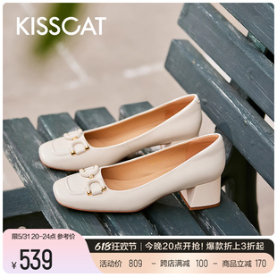 KISSCAT接吻猫2024年春季新款气质法式中跟鞋温柔通勤粗跟单鞋女