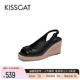 KISSCAT接吻猫2024年夏季新款法式编织气质鱼嘴防水台坡跟凉鞋女