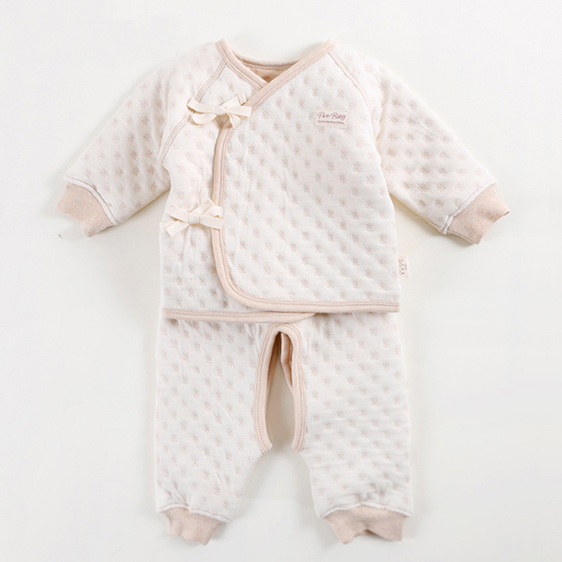 纯棉新生婴儿三层保暖内衣有机棉小宝宝加厚空气层套装彩棉绑带衣