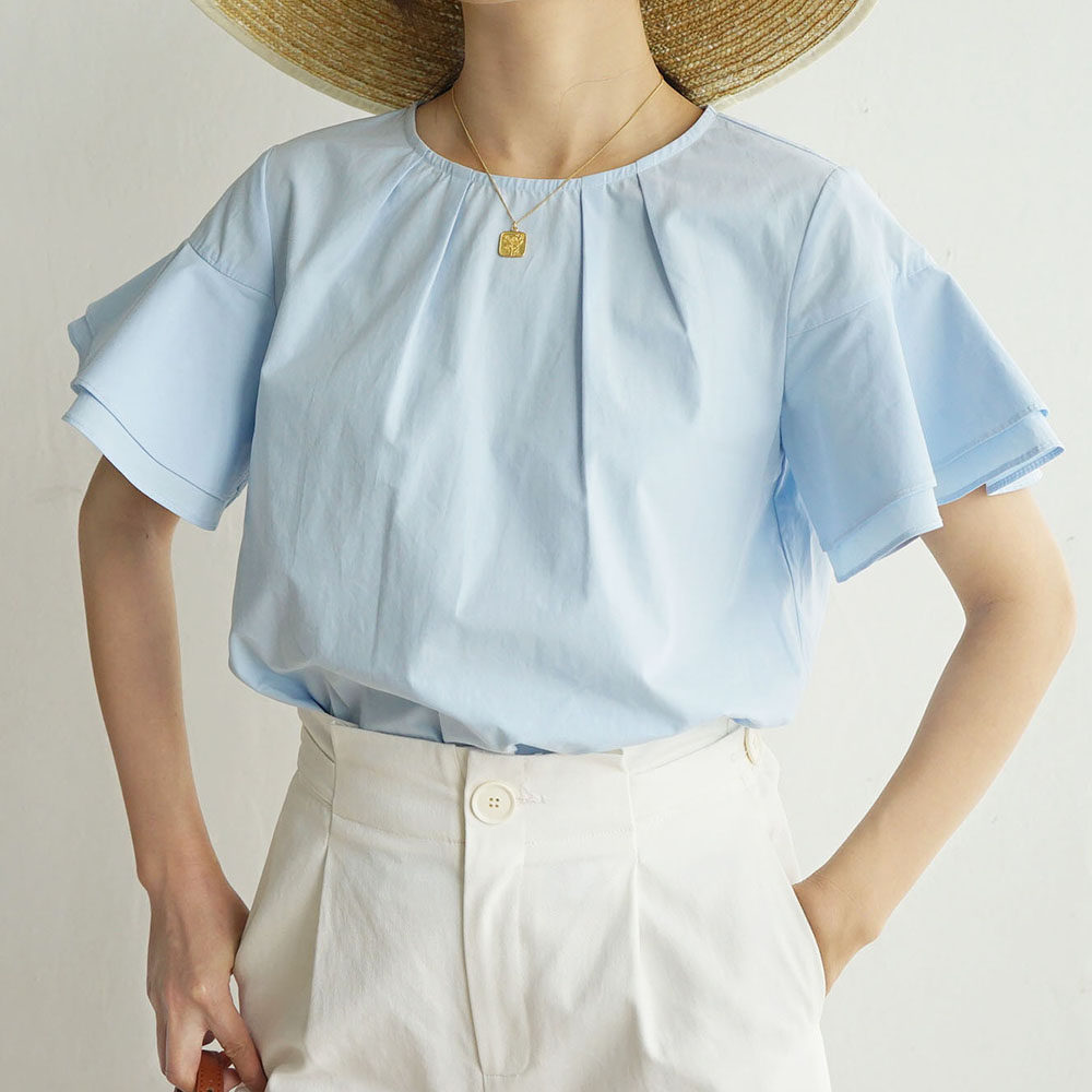 lsd设计春夏独家自制ins少女感天空蓝荷叶袖宽松显瘦短袖衬衫
