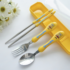 可爱卡通儿童餐具学生便携餐具套装不锈钢勺子筷子叉三件套盒子