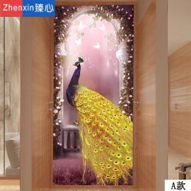 臻心3D立体玄关壁画走廊过道墙纸装饰画竖版中式背景壁纸孔雀