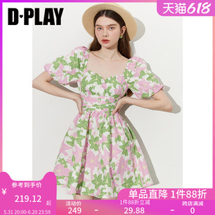 DPLAY夏季少女短裙海边度假薄荷曼绿连衣裙粉色蝴蝶结裙子小个子