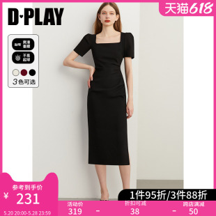 DPLAY新法式复古方领泡泡袖高腰连衣裙侧开衩小黑裙长裙裙子女