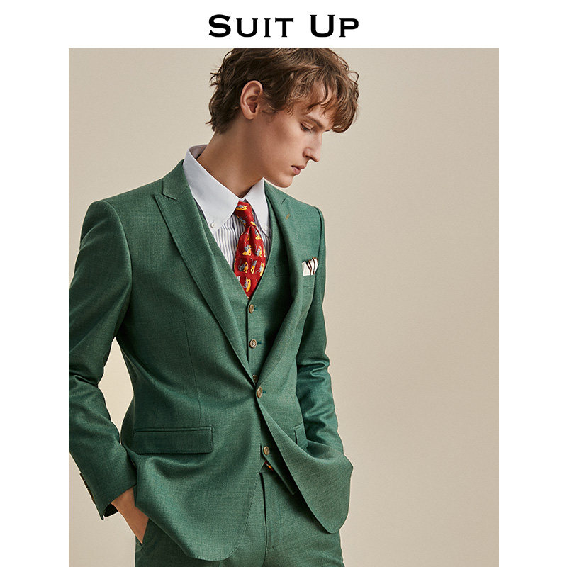 绿色西服套装男秋季休闲职业装商务休闲高端定制结婚西装三件套