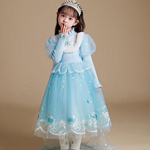 冰雪风蓝色儿童连衣裙女童公主裙毛衣裙子艾莎生日礼服演出服长袖