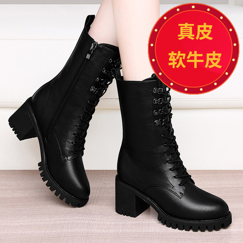 马丁靴女2019冬洋气学生真皮中跟雪地靴粗跟加绒短靴中筒靴棉皮鞋