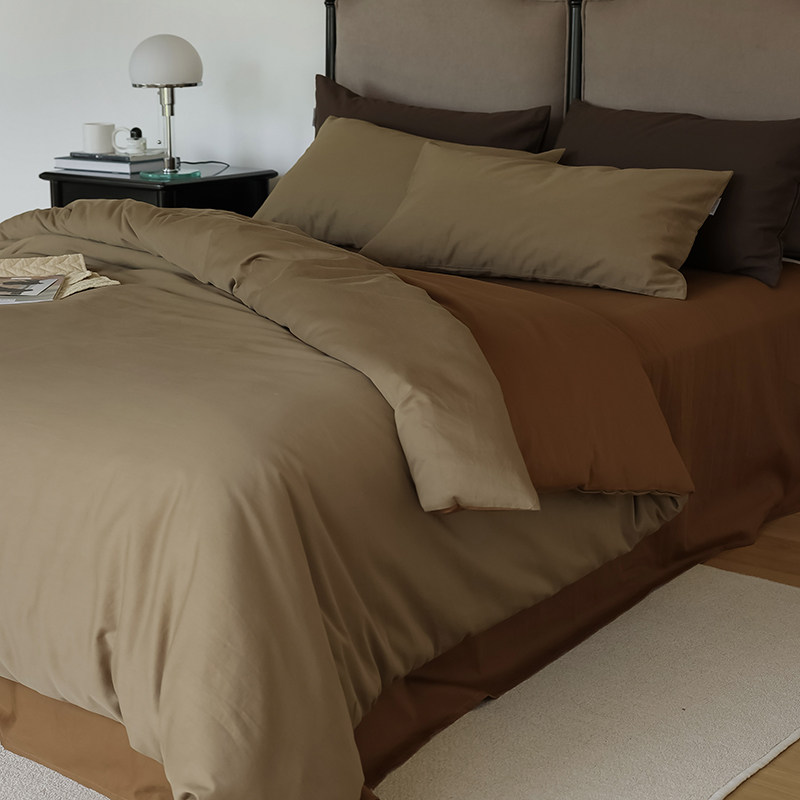 北欧风卡其色1.8m床单四件套焦糖双拼色60支裸睡水洗纯棉床品被罩