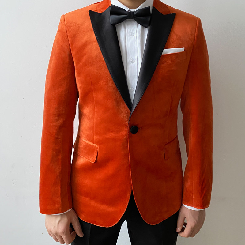 kingsman王牌特工橙色男手工西服天鹅绒橘色新郎宴会礼服西装