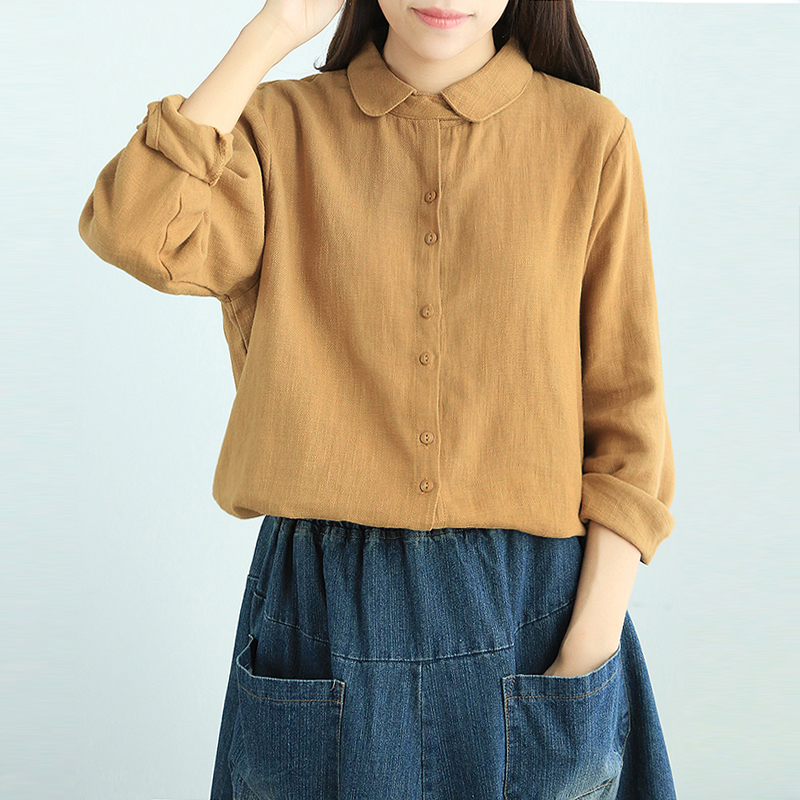 铜扣记棉麻衬衫女宽松2019春季新款加厚长袖文艺上衣苹果领衬衣|ruв категории Женская одежда, рубашка - от Buy2taobao.com для оказания профессиональной услуги покупки агента Taobao