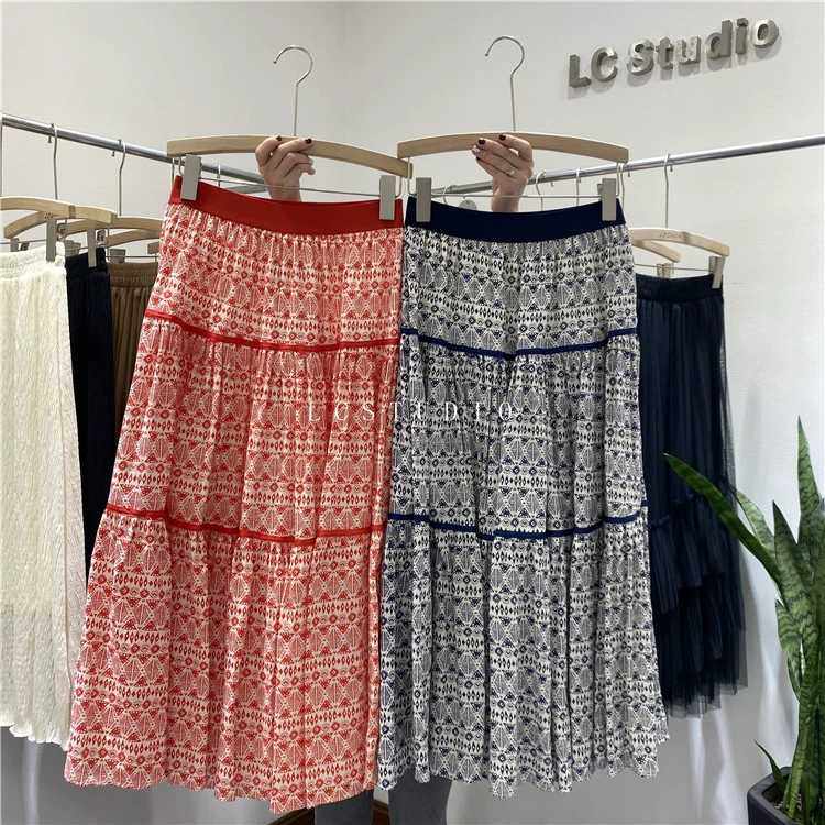 春秋女装天丝棉麻民族风半身裙三节拼接松紧腰中长款垂坠显瘦下装