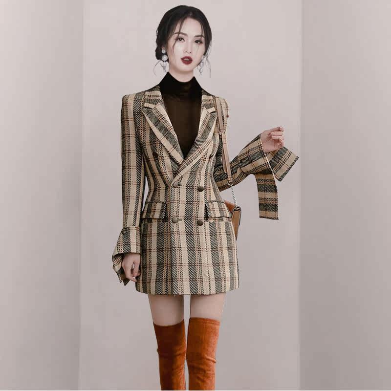 复古风格子中长款修身包臀连衣裙西装裙子西服外套春秋冬季大气质