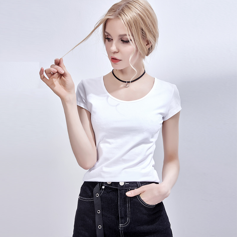 白色t恤女短袖ins洋气大领口紧身性感锁骨短款半袖纯棉质百搭低领
