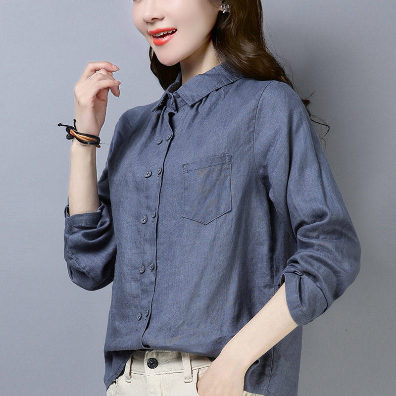 棉麻衬衫女复古港味长袖2021秋季新款韩版宽松棉麻上衣休闲衬衣潮