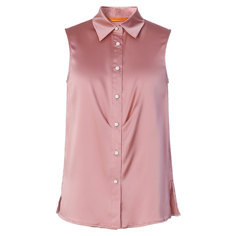 女装2021春夏新款 桑蚕丝立翻领中腰褶无袖衬衫干玫粉真丝上衣 - 拓美