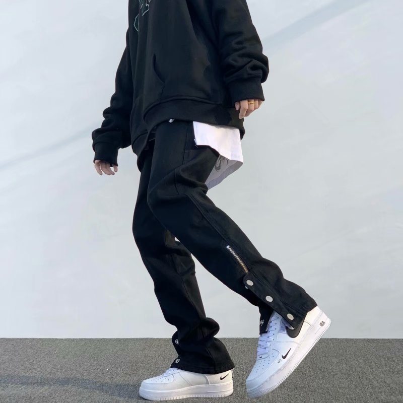 黑色高街裤子男 ins潮嘻哈修身拉链开叉排扣牛仔潮牌休闲直筒长裤