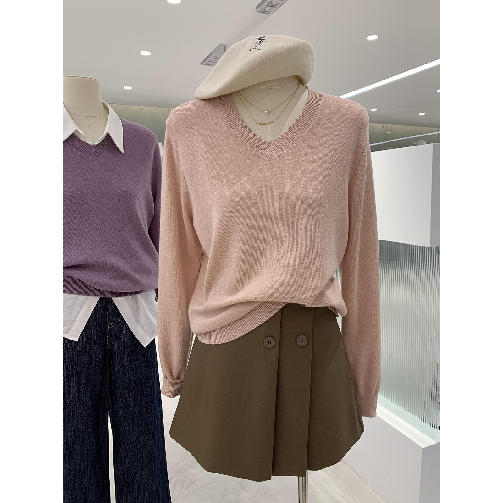 韩系简约纯色长袖毛衣2022秋女新款宽松休闲毛针织衫