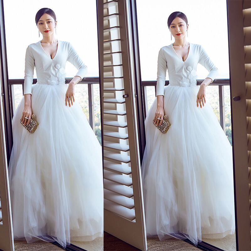 秦岚明星同款婚纱晚装礼服连衣裙网纱大摆蓬蓬裙年会主持人礼服女