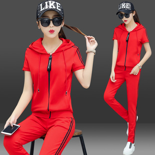 短袖运动服套装女夏季2024新款时尚中国红开衫冰丝薄款休闲两件套
