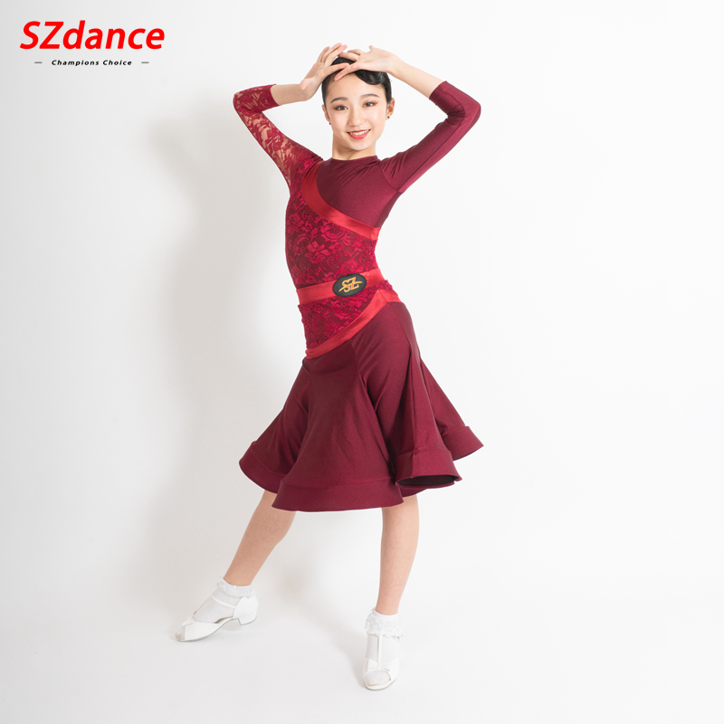 SZ舞蹈【清仓不退换】少儿拉丁舞赛服考级酒红气质蕾丝缎面大裙摆