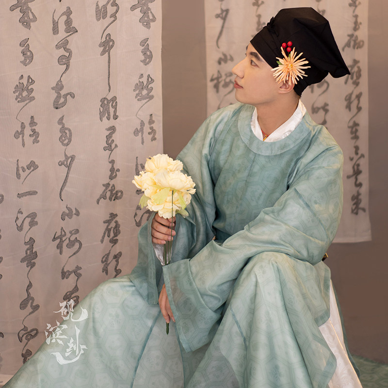 【砚滨纱】宋制汉服窄袖印花龟背纹纱料圆领袍-雅筑